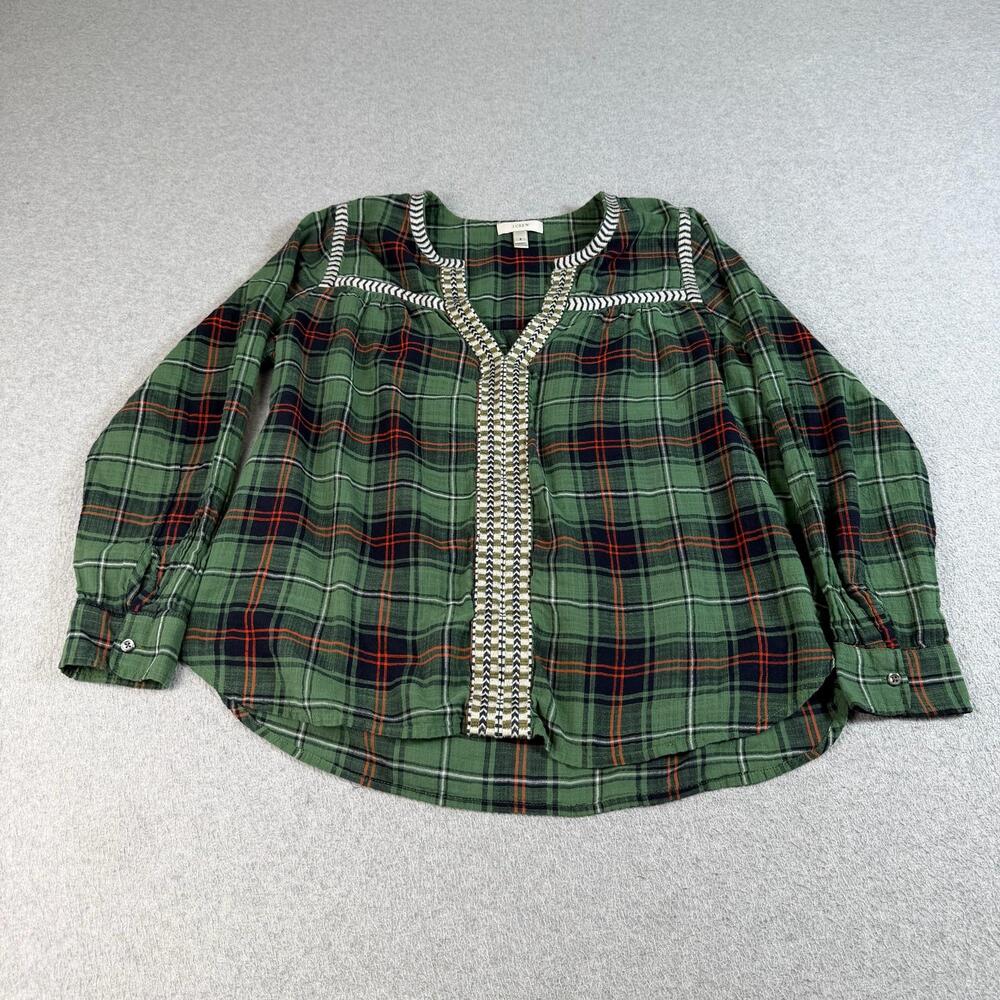 J Crew Shirt Women 6 Green Plaid Embroidered Trim Tunic Boho Peasant Oversized
